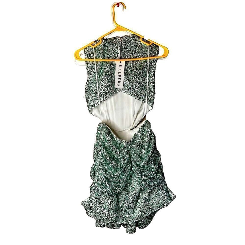 NWT Halpern cupped sequin high collared cut out dress aqua lace size 34/ US 2 - Picture 12 of 14